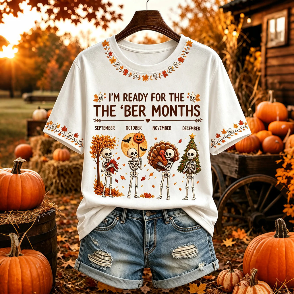 Women's Retro Autumn "i'm Ready For The 'ber Months" Skull Print Crew Neck T-shirt