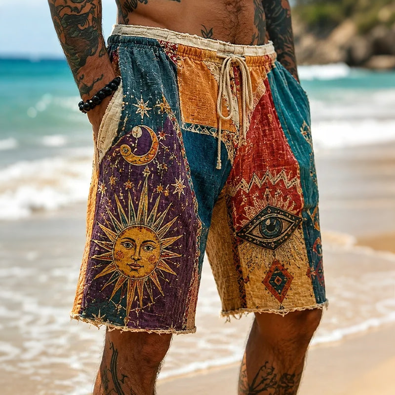 Men's Colorful Hippie Sun And Moon Pattern Casual Linen Blend Shorts