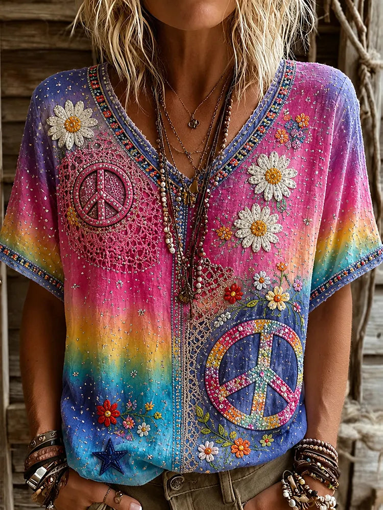 Women's Vintage Hippie Floral Patchwork Art Linen Blend Short Sleeve Tops