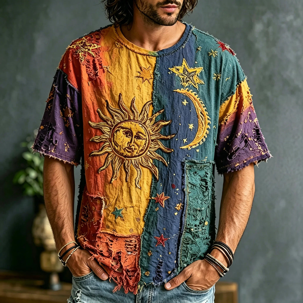 Men's Retro Bohemian Hippie Style Star And Moon Embroidered Print T-shirt