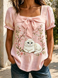 Women's Retro Retro Pink Cat Flowers Art Printed Casual Bow Shirt