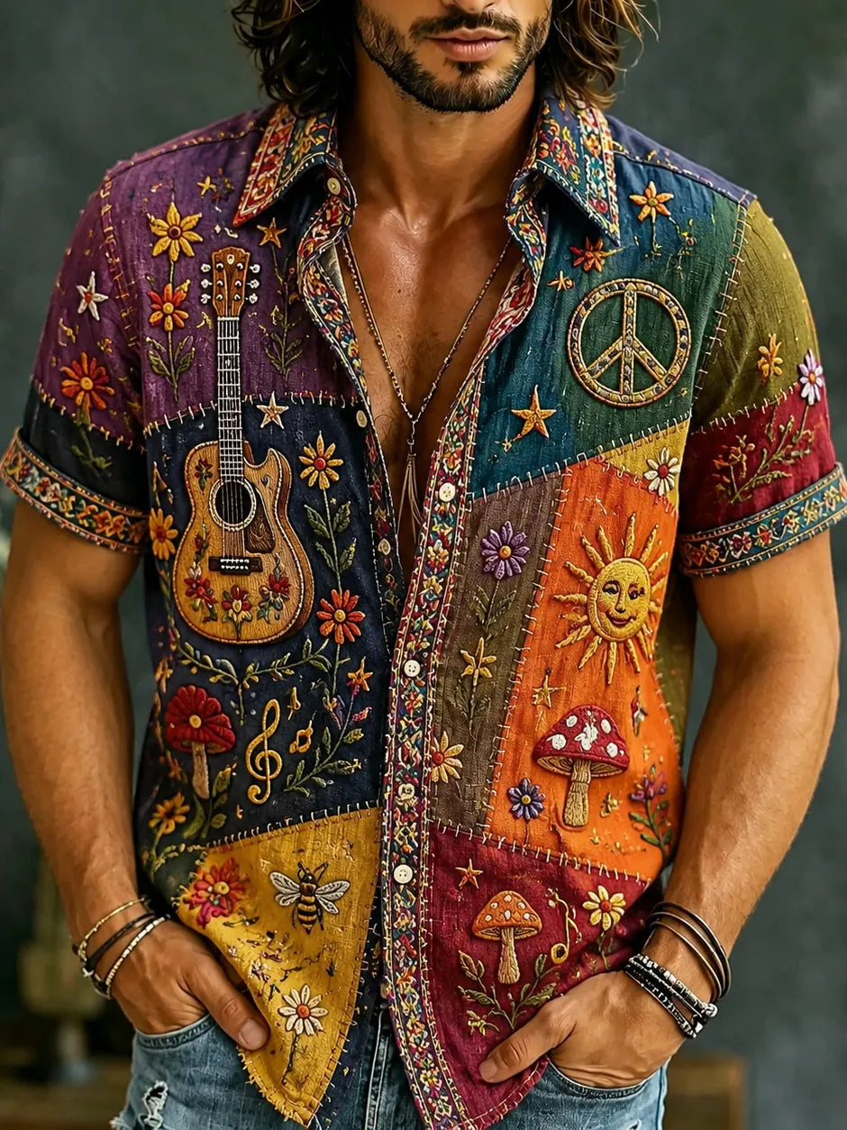 Men's Hippie Peace Music Guitar Patchwork Art Pattern Casual Shirt