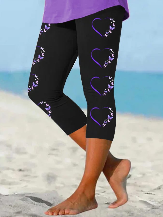 Women's Butterfly Purple Love Heart I'll Remember For You Alzheimer's Awareness Cropped Leggings