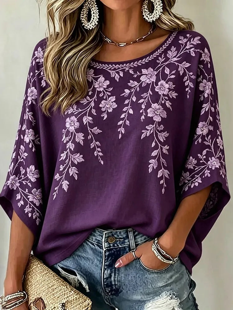 Women's Vintage Floral Pattern Crew Neck Linen Blend T-shirt