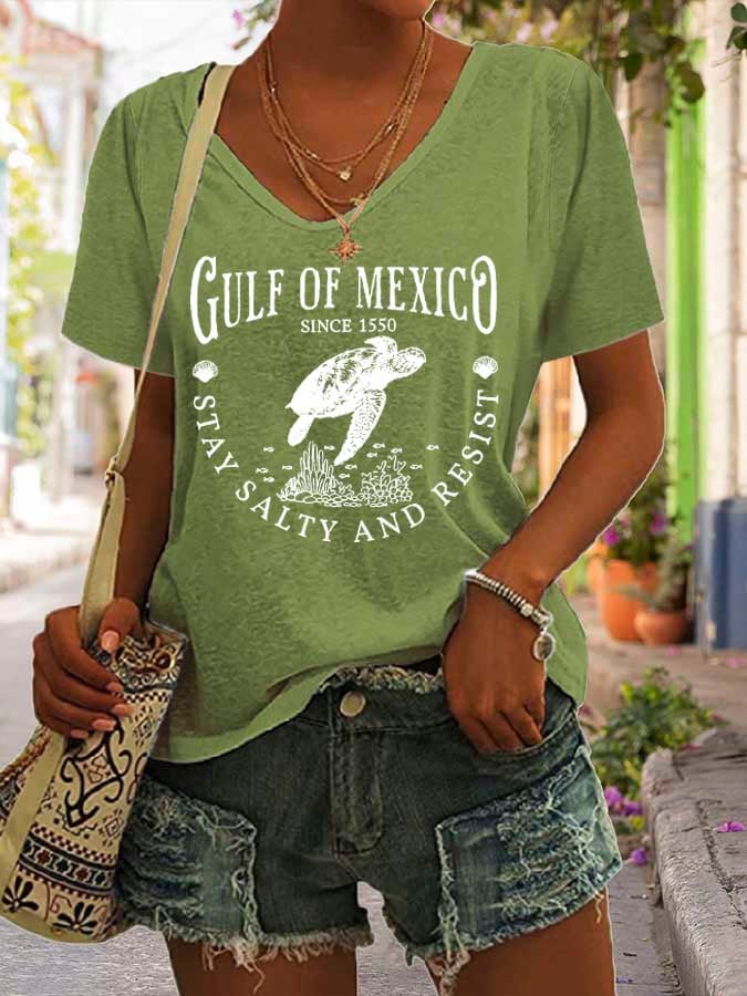 Women's Gulf Of Mexico Print V Neck Casual T-Shirt