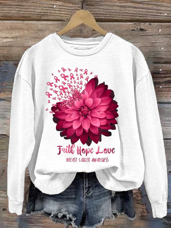 Women's Daisy Faith Pink Ribbon Breast Cancer Awareness Print Crew Neck Sweatshirt