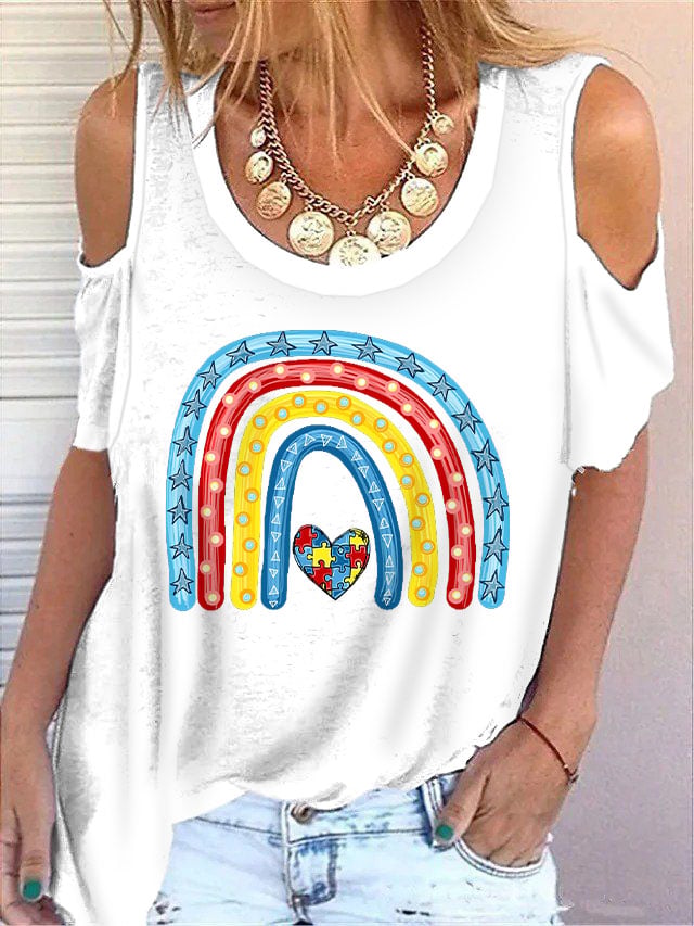 Women'S Autism Rainbow Awareness Print Off Shoulder Short Sleeve T-Shirt