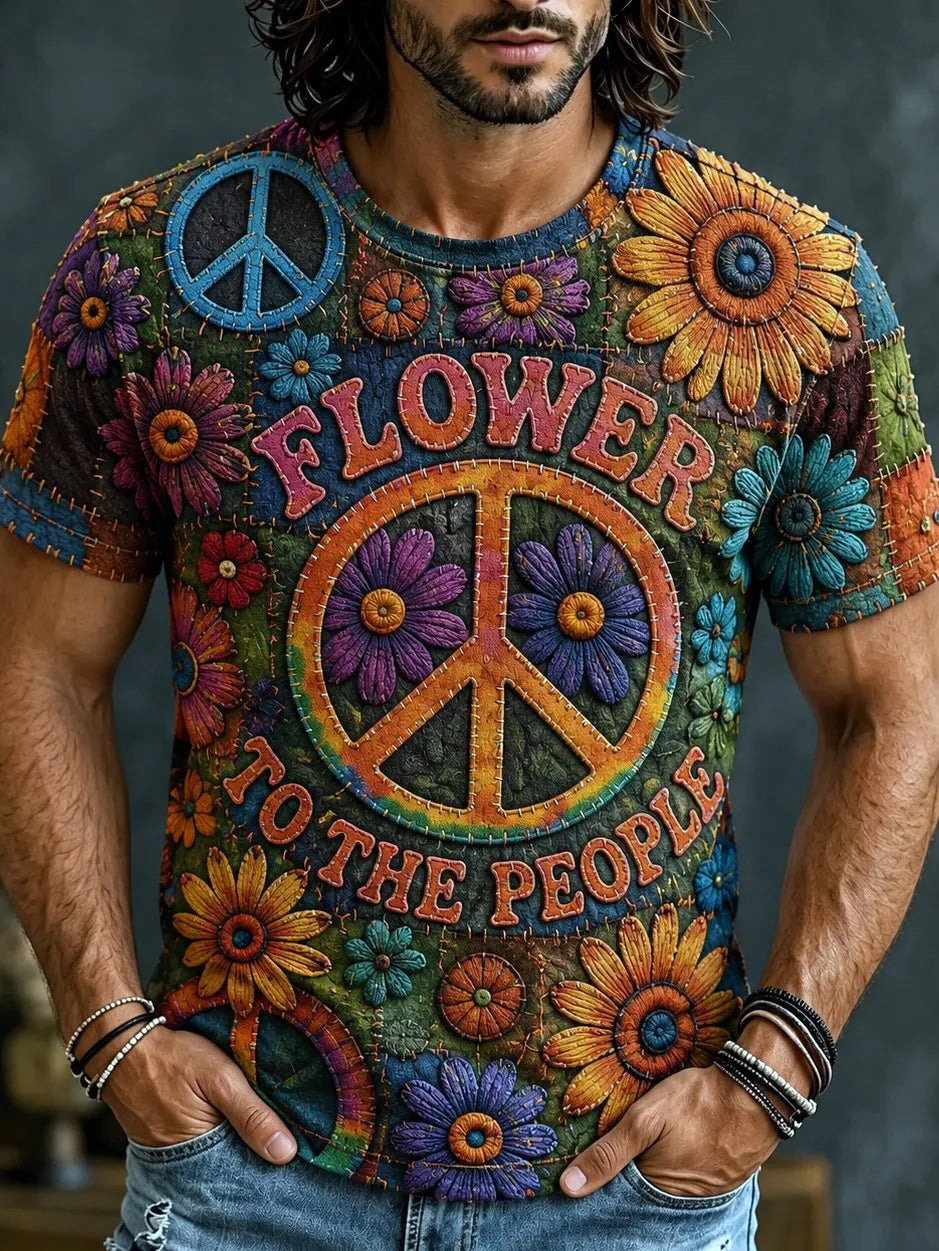 Men's Retro Hippie Style Sunflower Embroidered Print T-shirt
