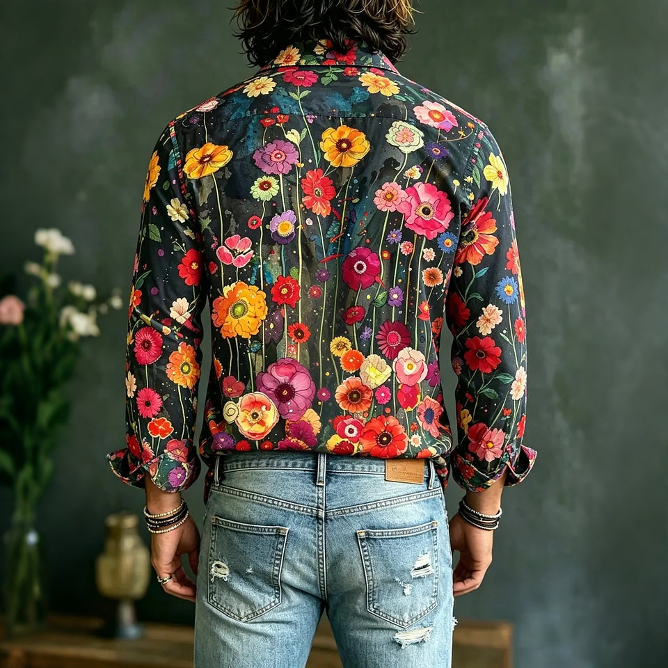 Men's Vintage Hippie Floral Art Print Long Sleeves Linen Shirt