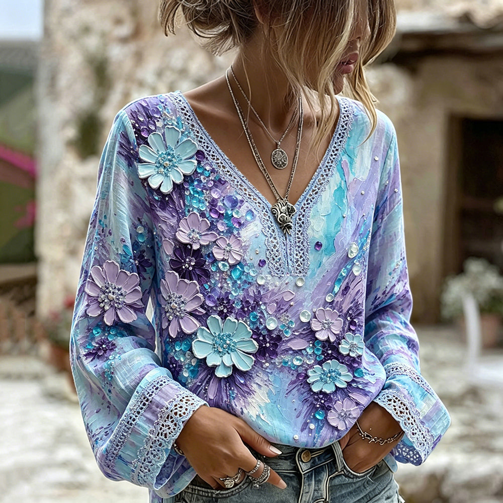 Vintage Abstract Floral Oil Painting Art V Neck Linen T Shirt