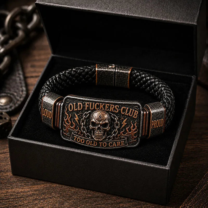 Old Fuckers Club Men’s Vintage Skull Flame Biker Braided Bracelet Gift Set
