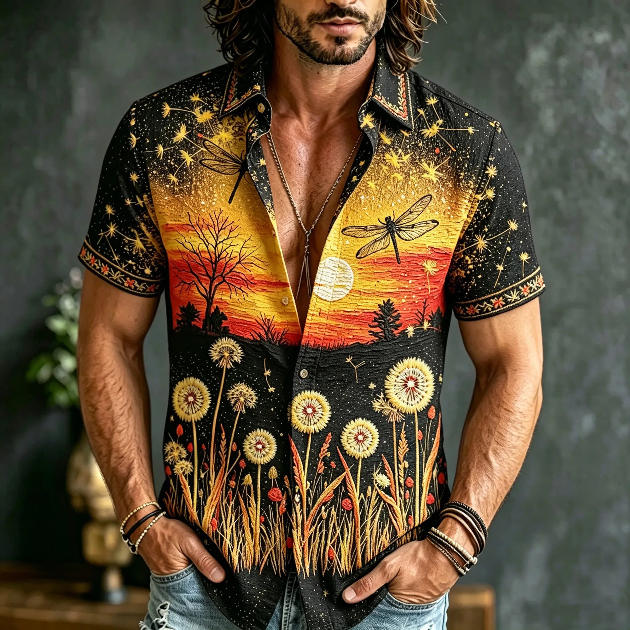 Men's Retro Bohemian Hippie Style Floral And Dragonfly Embroidered Print Short-sleeve Shirt