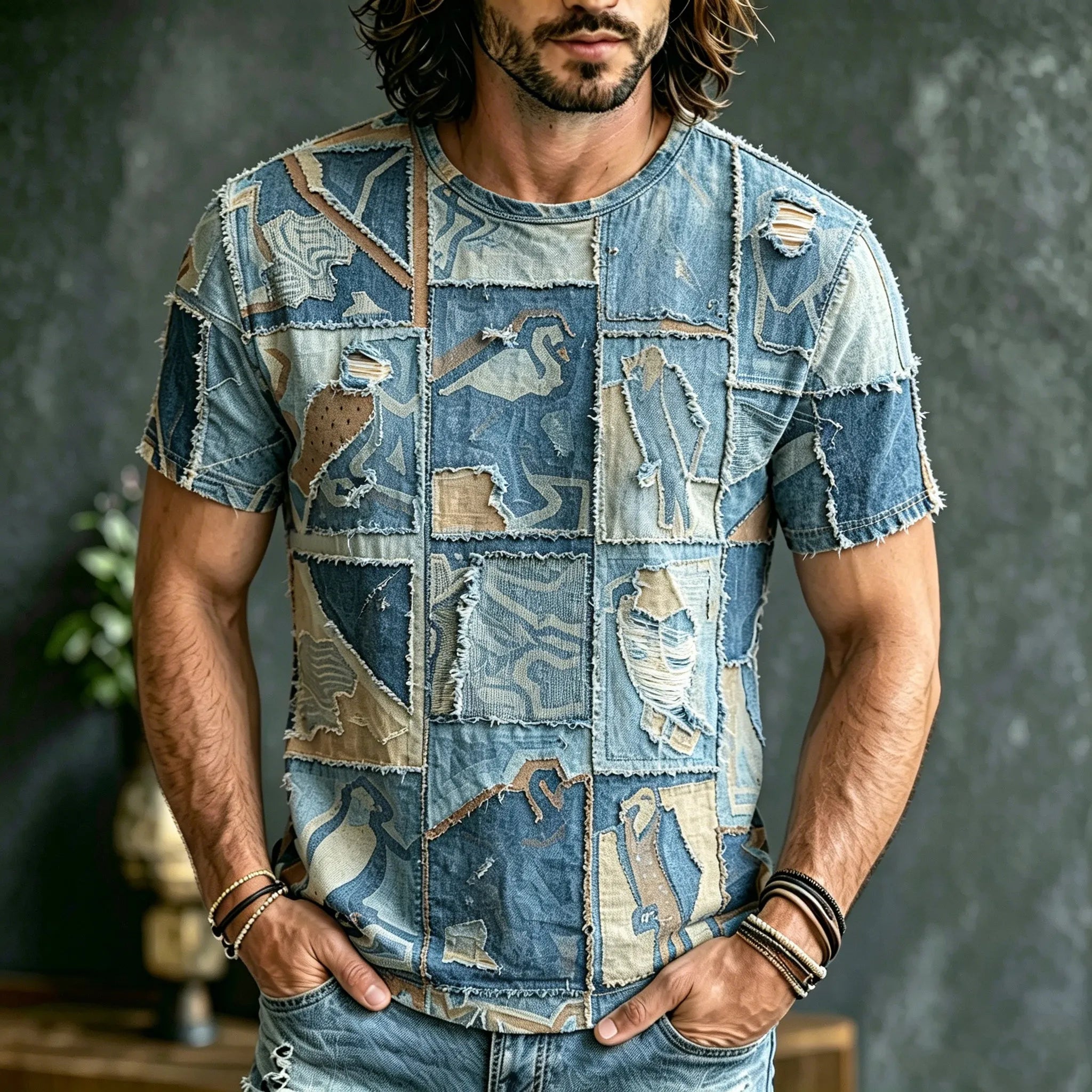 Men's Retro Hippie Style Denim Patchwork Print T-shirt