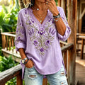 Women's Retro Purple Floral Art Cotton Linen V-neck T-shirt