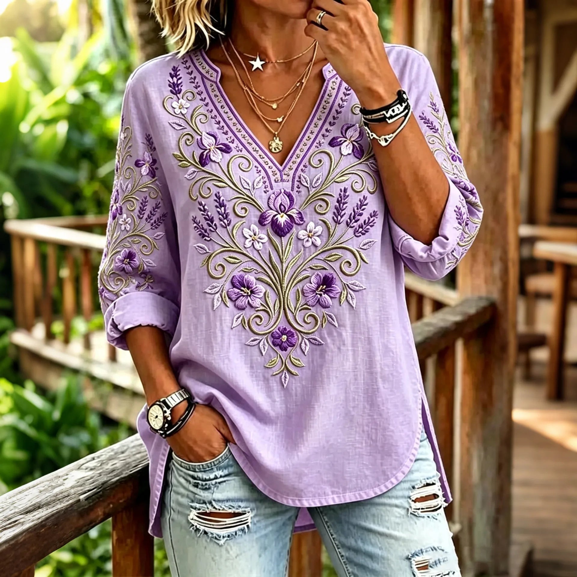 Women's Retro Purple Floral Art Cotton Linen V-neck T-shirt