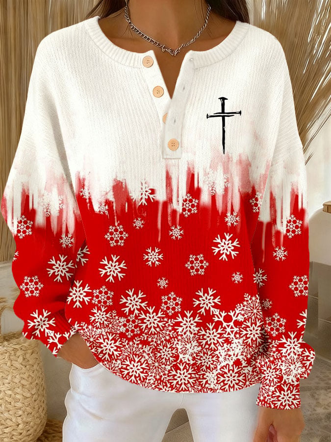 Women's Christmas Print Knit Button Top