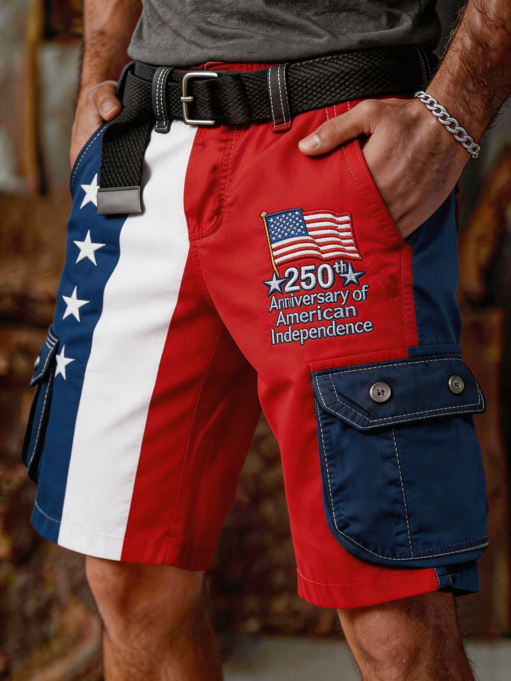 Men's Retro Color-Block Distressed Patriotic Cargo Shorts with Pockets (Belt Not Included)