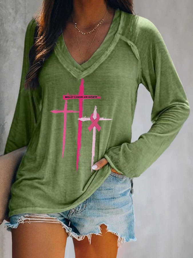Women's Breast Cancer Awareness Print V-Neck Casual T-Shirt