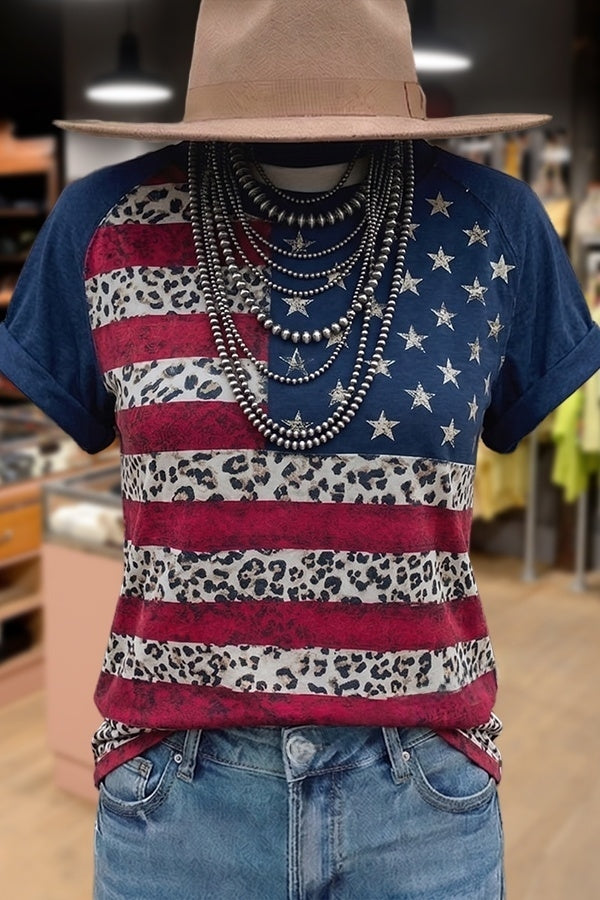 American Flag Leopard Print Cotton T-Shirt