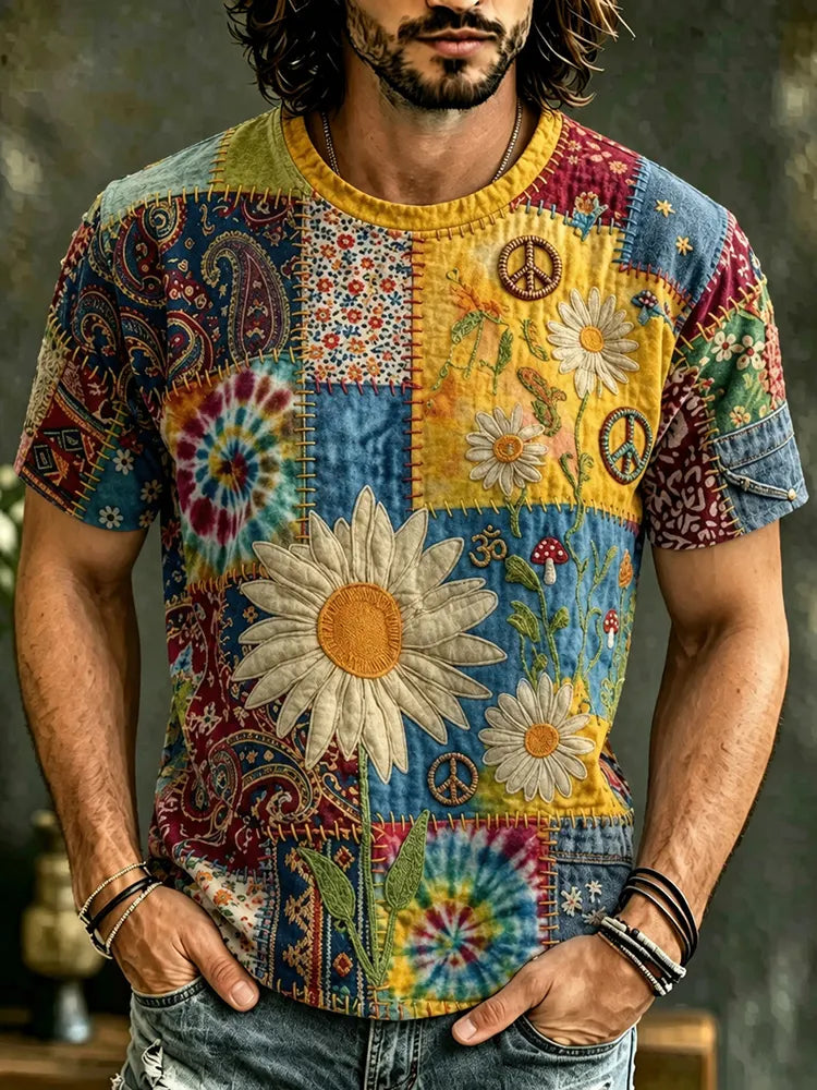 Men's Retro Hippie Patchwork Floral Art Crew Neck Short Sleeve Casual T-shirt