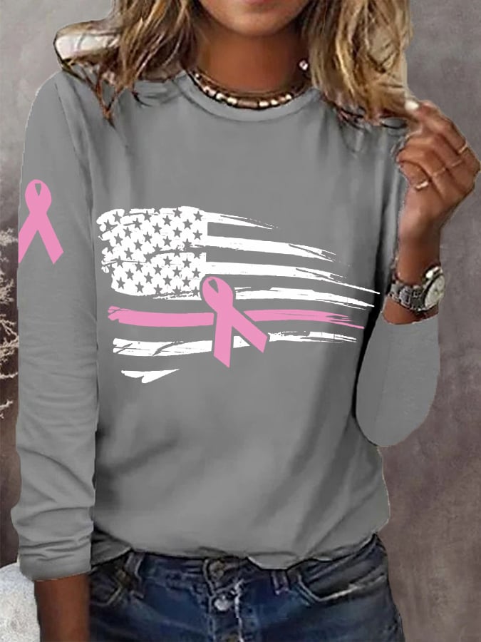 Women's Pink Ribbon American Flag Breast Cancer Awareness Warrior Long-Sleeve T-Shirt