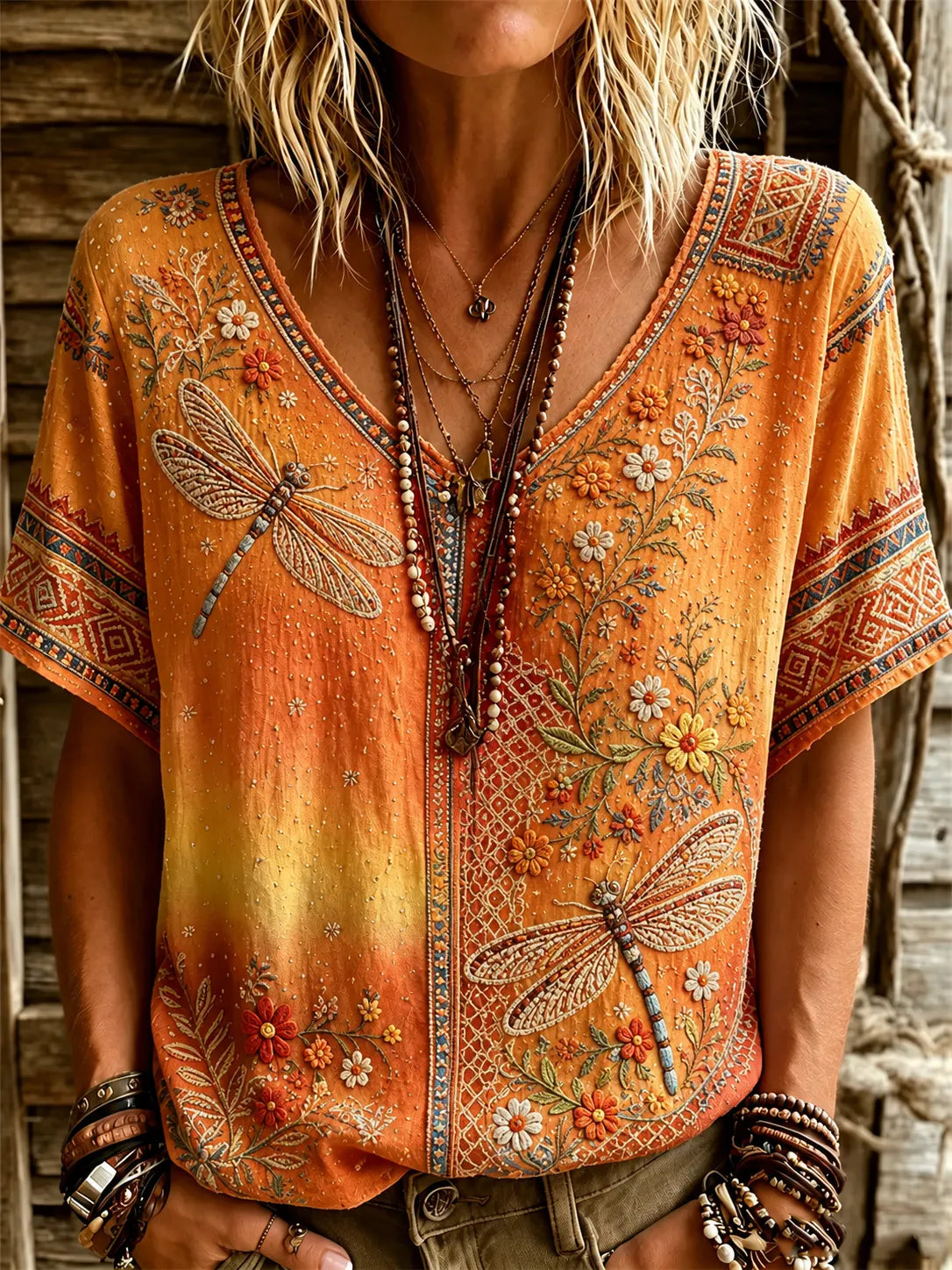 Women's Vintage Hippie Floral Dragonfly Art Linen Blend V Neck Short Sleeve Tops
