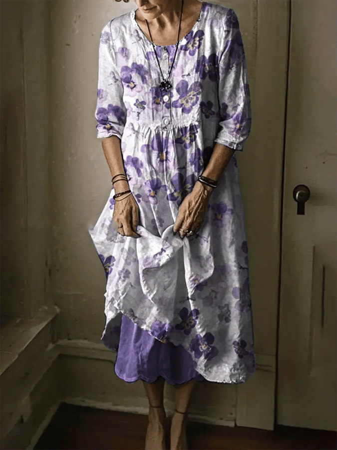 Women's Vintage Botanical Floral Art Print Double Layer Button Dress