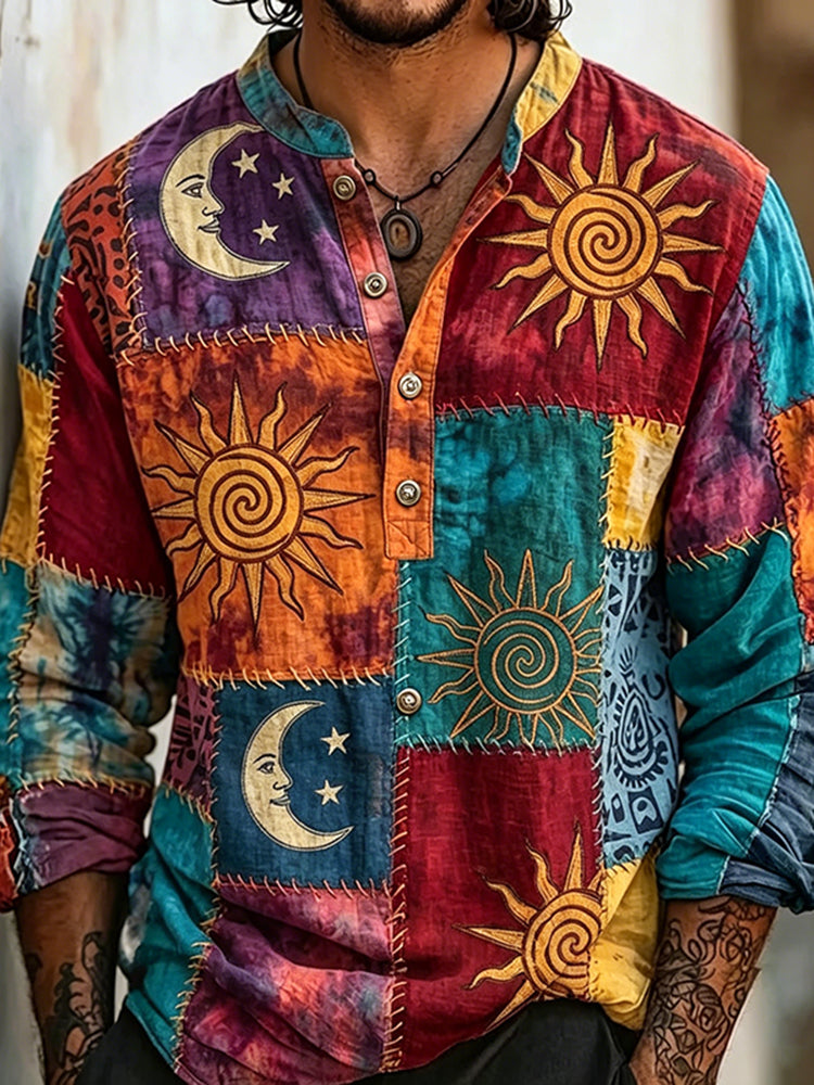 Men's Boho Tie Dye Sun Moon Spiral Patchwork Art Print Half Button Long Sleeve Shirt