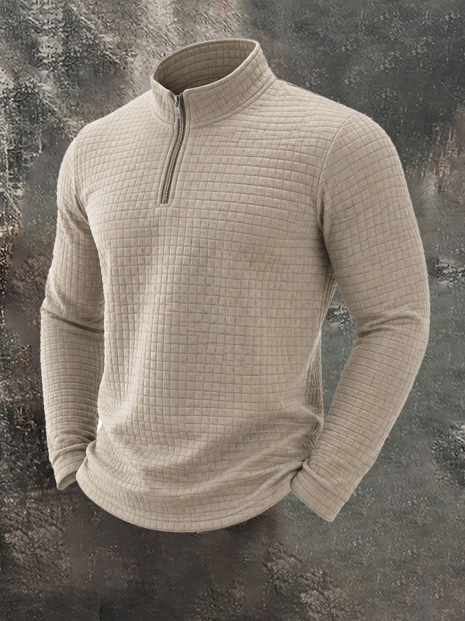 Men's American Retro Autumn And Winter Half-Zip Small Plaid Casual Stand-Up Collar Long-Sleeved Sweatshirt