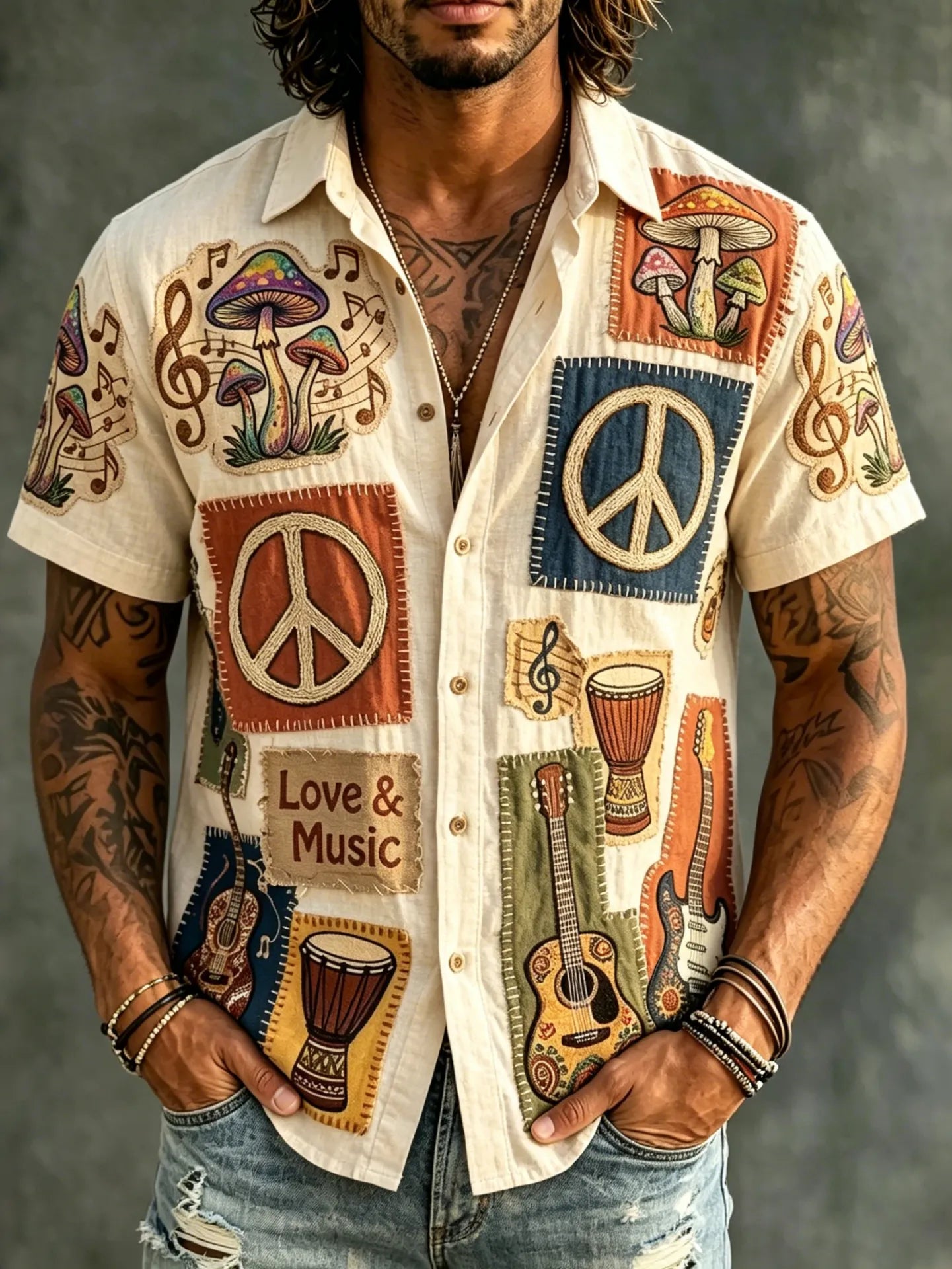 Men's Musical Hippie Art Mushroom Print Short Sleeve Shirt