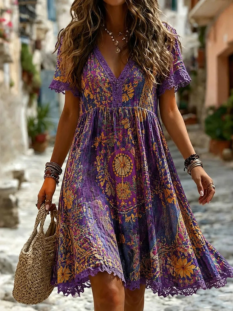 Women's Vintage Hippie Art Print Casual Linen Blend Midi Dress