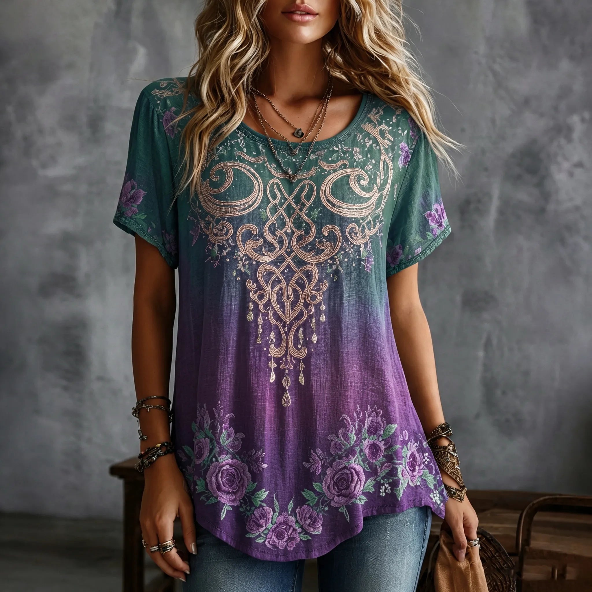 Women's Vintage Celtic Knot Floral Gradient Art Flowy Linen Blend Casual Tops