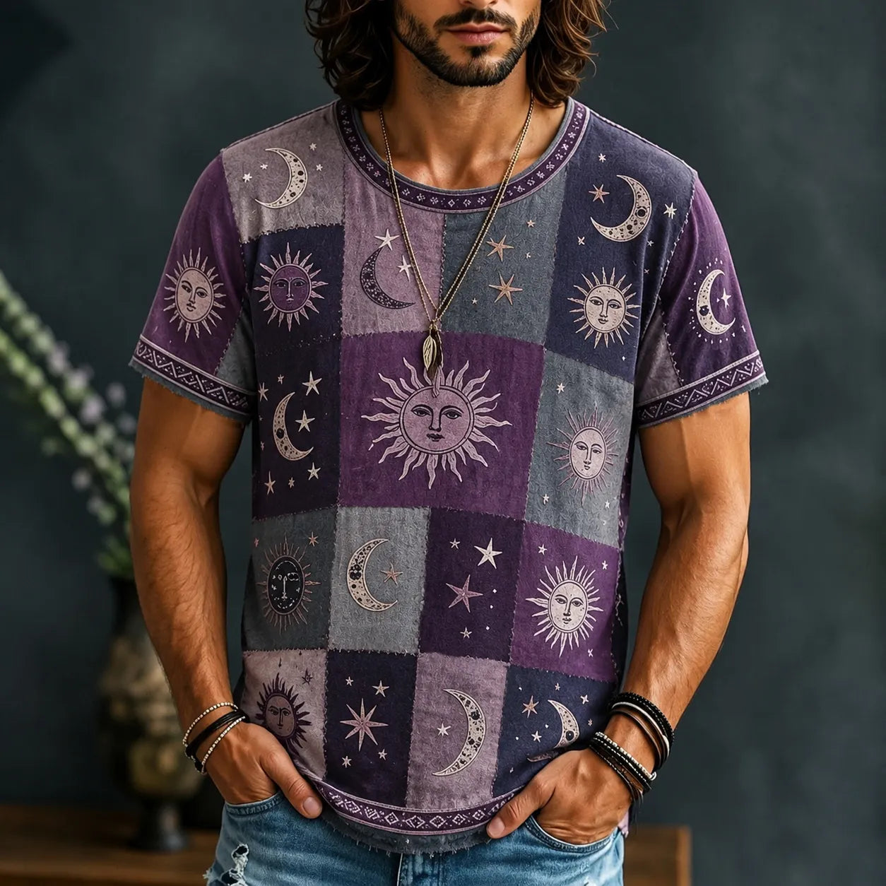 Men's Hippie Sun Moon Geometric Patchwork Print Short Sleeve T-shirt
