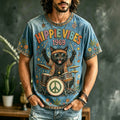 Men's Casual Color Block Music Cat Retro Hippie Crew Neck T-shirt