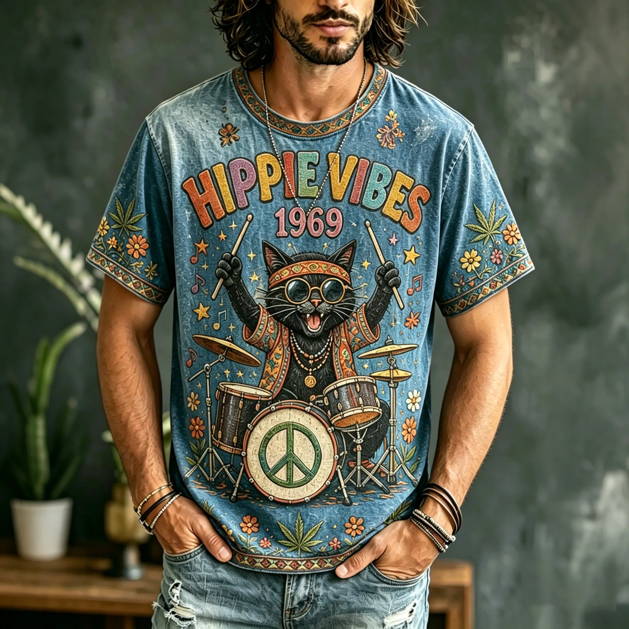 Men's Casual Color Block Music Cat Retro Hippie Crew Neck T-shirt