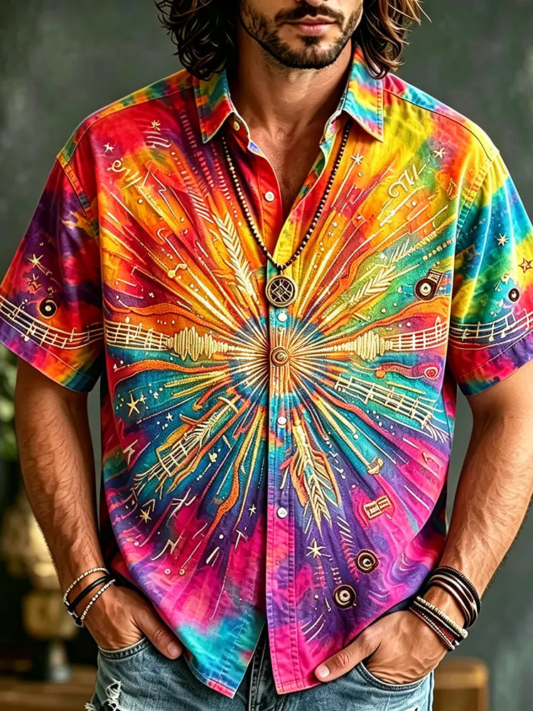 Men's Bohemian-style Tie-dye Short-sleeved Button-down Shirt, Decorated With Musical Notes And A Rising Sun Pattern.