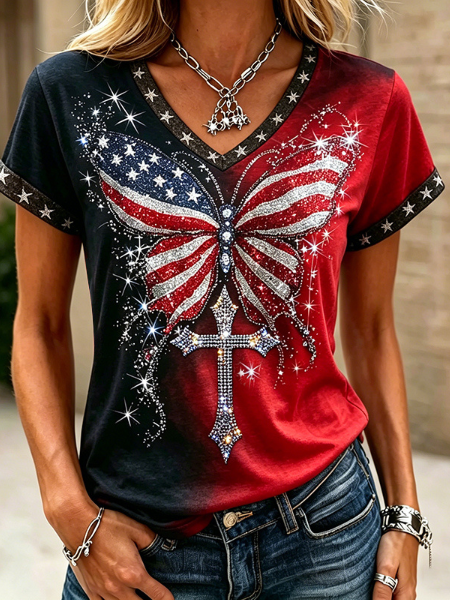 Women's Independence Day Flag Print V-neck Short Sleeve T-shirt