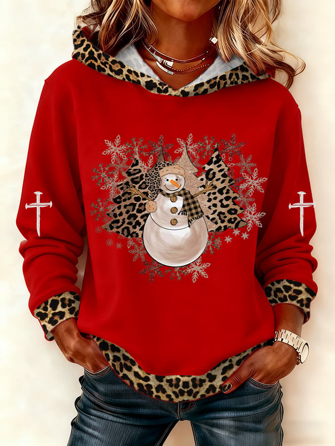 Women's Casual Leopard Print Snowman Hoodie