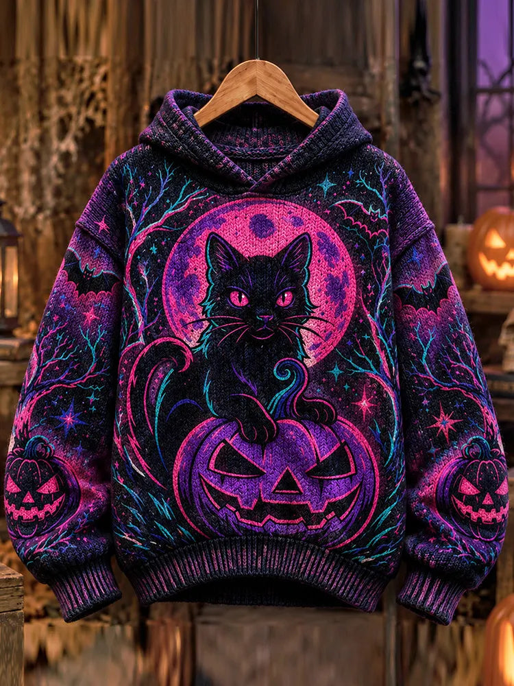 Retro Halloween Gothic Black Cat Moon Pumpkin Bat Star Pattern Hooded Sweater