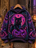 Retro Halloween Gothic Black Cat Moon Pumpkin Bat Star Pattern Hooded Sweater