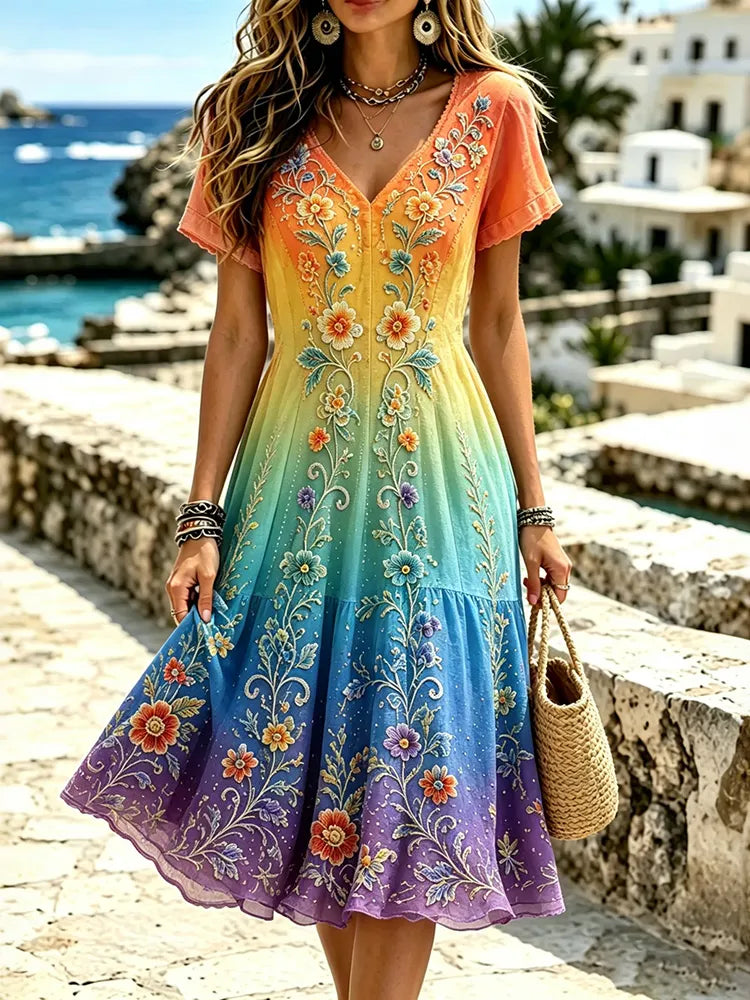 Women's Hippie Retro Tie-dye Floral Vacation V-neck Short-sleeved Dress