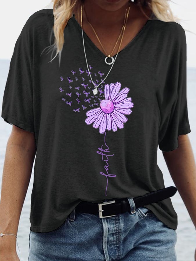 Women's Purple Ribbon Faith Sunflower Alzheimer's Awareness Print V-Neck Tee
