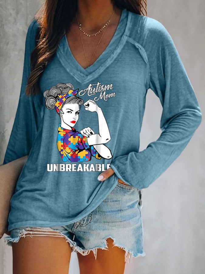 Women'S Autism Mom Unbreakable V Neck Sleeve T-Shirt