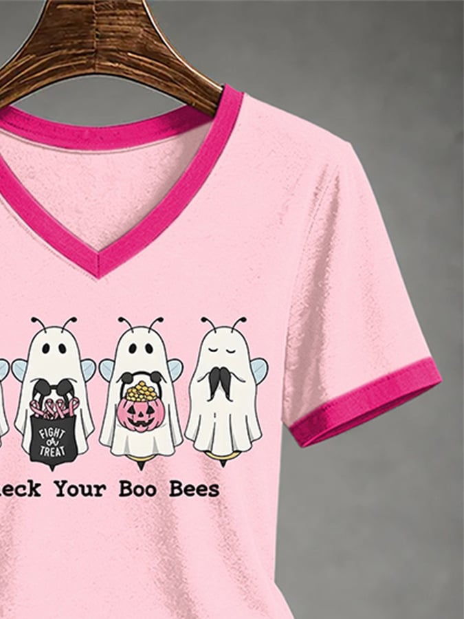 V-Neck Retro Breast Cancer Ghost Pink Ribbon Fight Or Treat Check Your Boo Bees Print T-Shirt