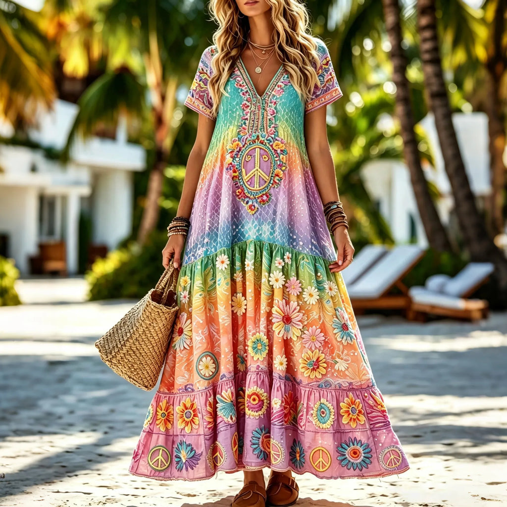 Women's Retro Hippie And Floral Gradient Casual Short Sleeve Maxi Dress