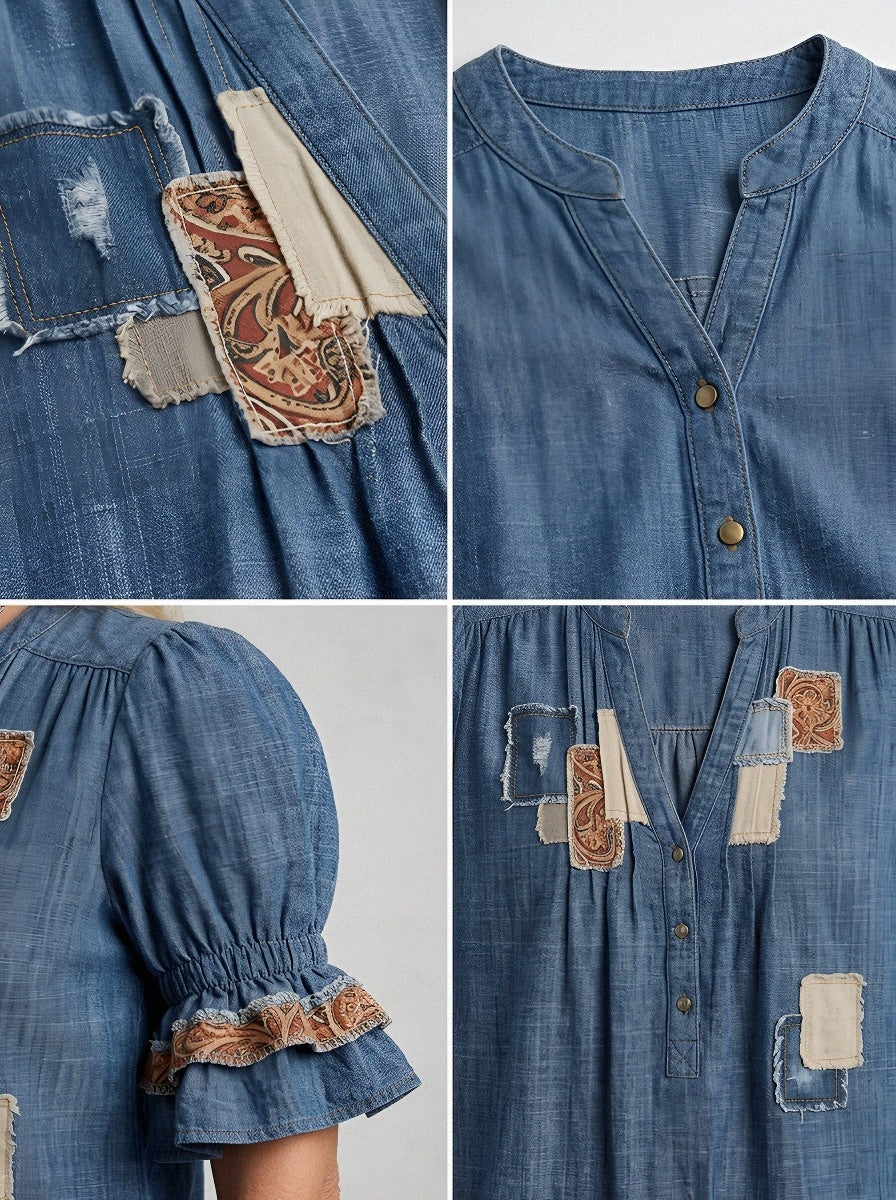 Women's Western Vintage Patchwork Floral Printed Top