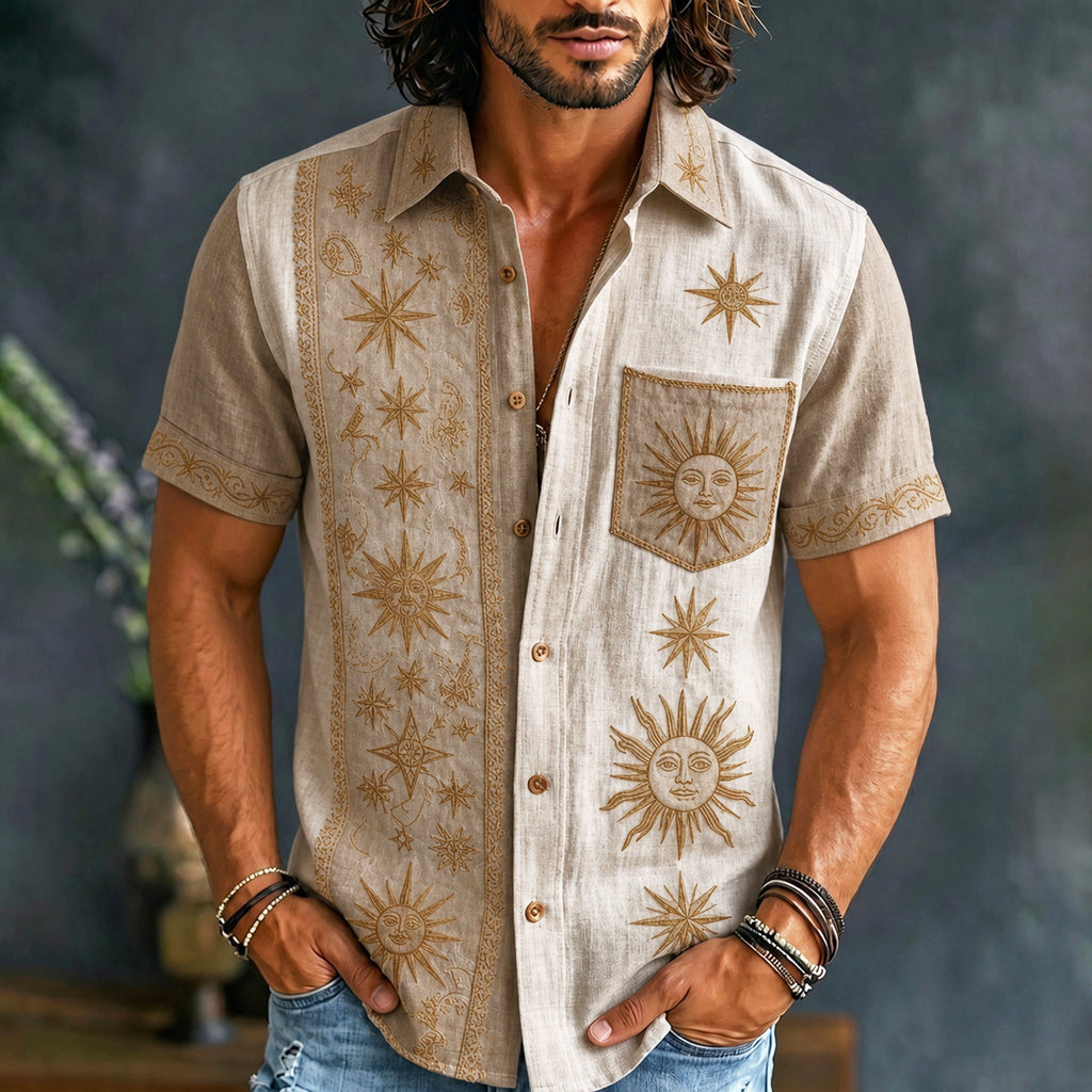 Men's Retro Sun And Star Printed Short Sleeve Shirt