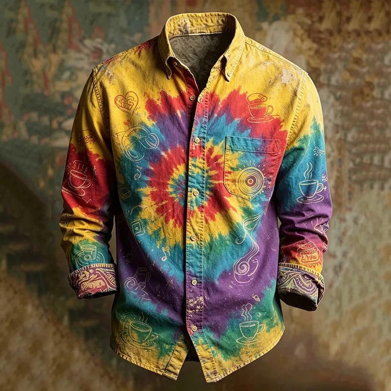 Men's Hippie Tie-dye Music Art Print Long Sleeve Shirt