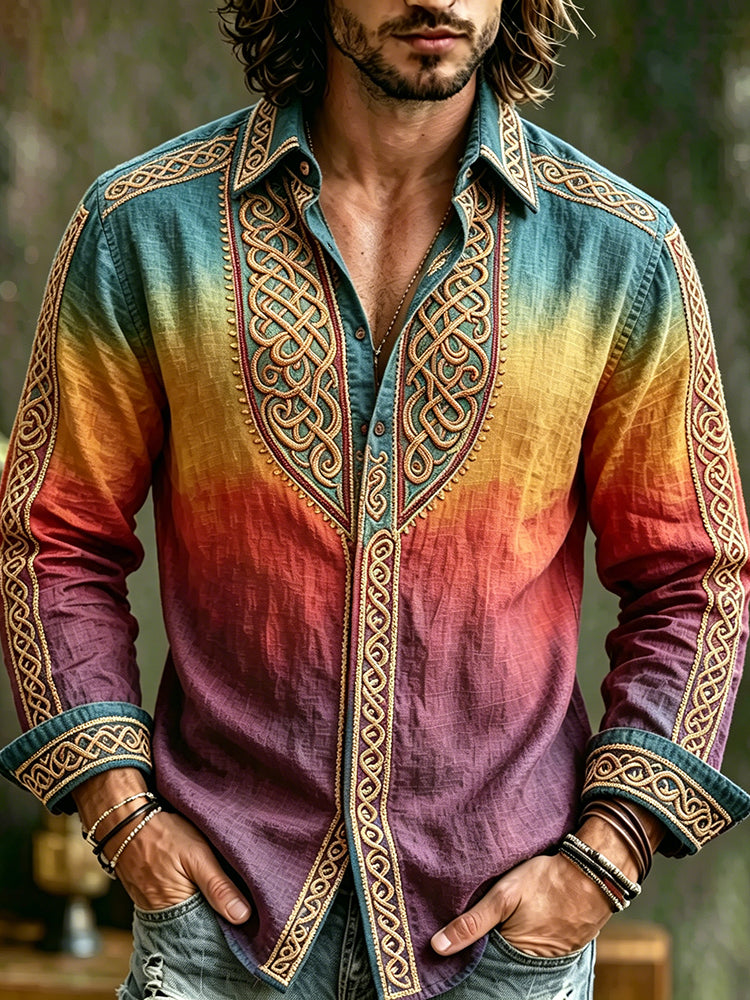 Men's Vintage Spring Summer Viking Tribal Jacquard Inspired Art Flowy Linen Blend Shirt