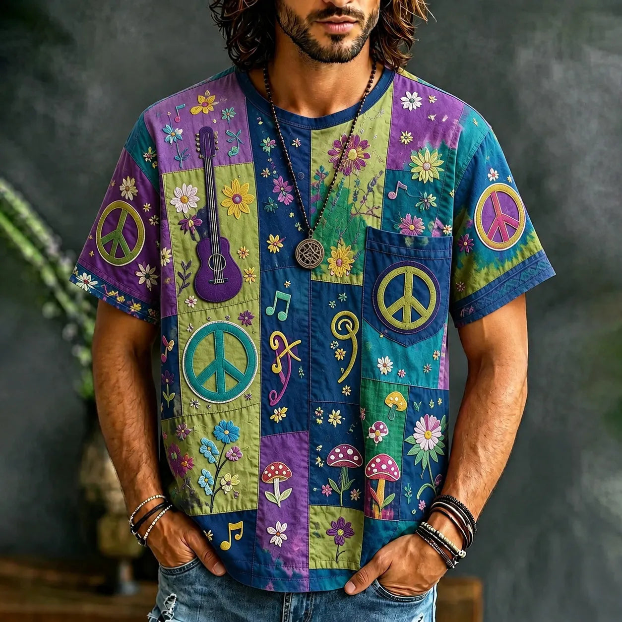 Men's Peace Sign And Guitar Hippie Patchwork Print Casual T-shirt